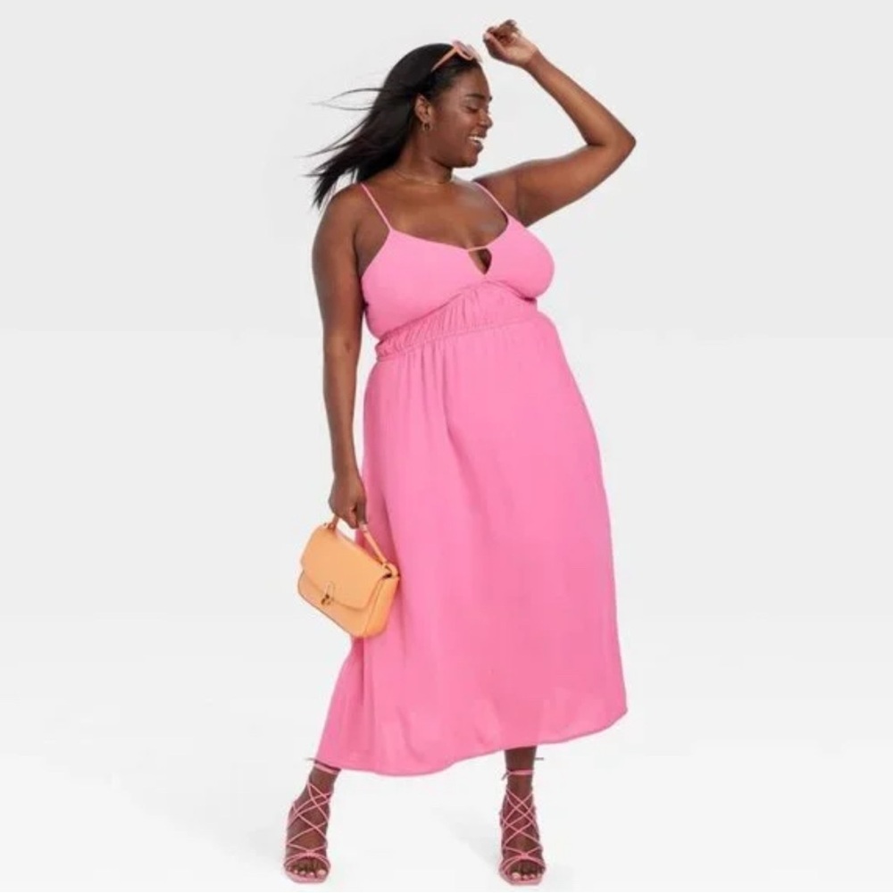 A NEW DAY SIZE LARGE PINK MIDI EMPIRE WAIST DRESS SPAGHETTI STRAPS POCKETS